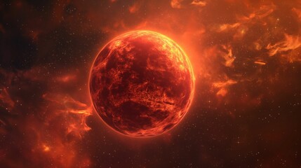Image of a large, bright red planet in the star-strewn expanse of space.