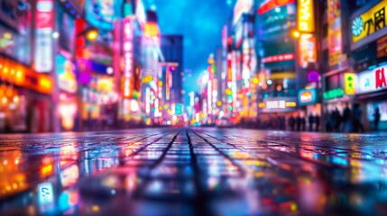 Image of a bustling cityscape, neon lights and twinkle, bokeh effect.