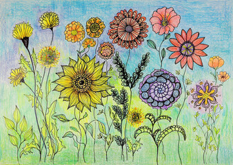 Wild garden with a lot of whimsical flowers. The dabbing technique near the edges gives a soft focus effect due to the altered surface roughness of the paper. - 774796564