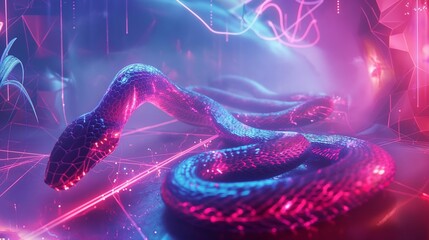 Image of a digital winding snake that bright neon shades. - 774796569