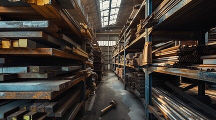 Image of a warehouse filled with an array of assorted steel bars. - Powered by Adobe