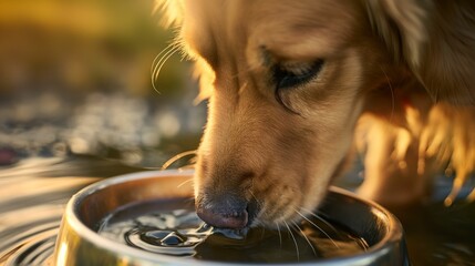 Image of a dog drinking from a bowl of water.