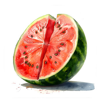 Illustration of a shiny watermelon split in half so that its cross section can be seen, painted in watercolor on a white background.