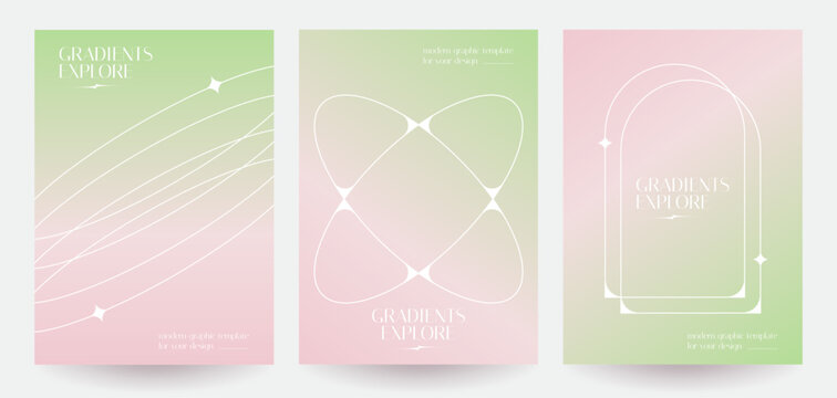 Minimal y2k style posters with colorful, geometric shapes, frame, sparkle and pastel colors gradient. 