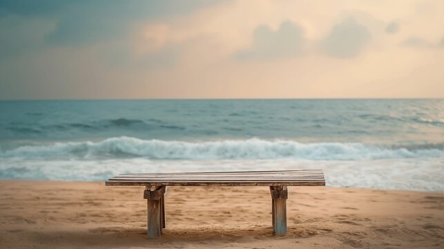 Image of a table standing on the beach. Empty wooden table on a beach background.