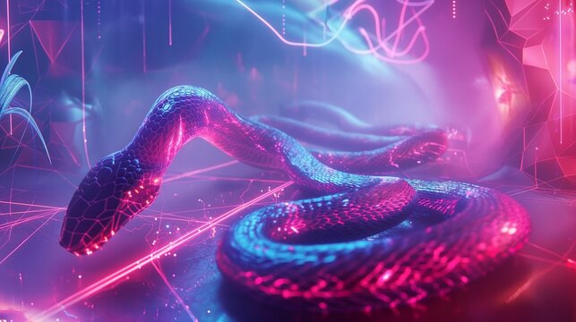 Image of a digital winding snake that bright neon shades.