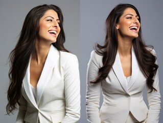 Woman Wearing White Suit and Smiling