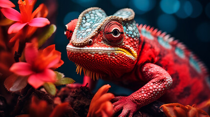 Obraz premium Chameleon on a flower. Beautiful macro detail