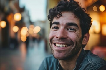 Portrait of a handsome young man smiling at the camera in the city - obrazy, fototapety, plakaty