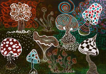 Glowing psychedelic mushroom doodle. The dabbing technique near the edges gives a soft focus effect due to the altered surface roughness of the paper. - 774797136