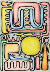 Drawing of colorful geometric forms. The dabbing technique near the edges gives a soft focus effect due to the altered surface roughness of the paper.