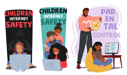 Parental Control, Web Safety Vector Concept. Parents Characters Monitor And Manage Their Children Online Activity