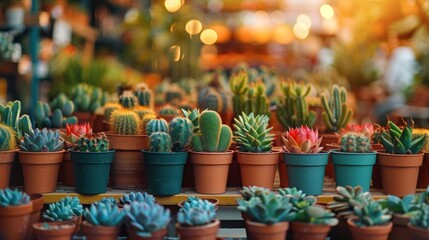 A bunch of pots filled with cacti and succulents on a table, AI - Powered by Adobe