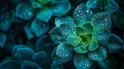 A close up of a green flower with water droplets on it, AI
