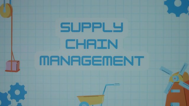 Supply Chain Management inscription on blue math sheet background. Graphic presentation of drawn gears, crane lifting weights and windmill as symbols of manufacturing. Manufacturing concept