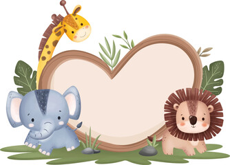 Watercolor Illustration Wooden Board with Cute Safari Animals and Tropical Leaves