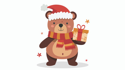 Teddy bear wearing scarf and hat holding gifts