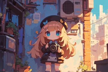 cute anime chibi girl photographer with blond hair with a professional camera in city - obrazy, fototapety, plakaty