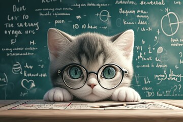 cute cartoon tabby kitten in glasses on school chalkboard background