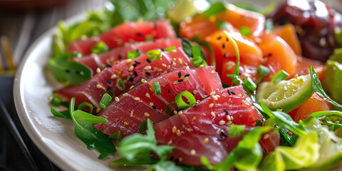 Salad plate. Traditional local Hawaiian dish with raw marinated yellowfin ahi tuna