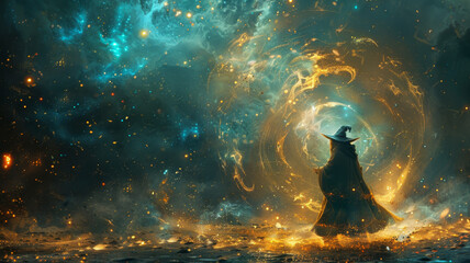 In a dramatic display RPG game of power, a sorcerer in a cloak summons a swirling vortex of cosmic energy in a mystical, fiery landscape. - obrazy, fototapety, plakaty
