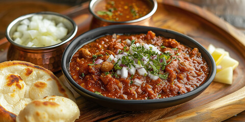 Pav Bhaji Indian spicy fast food with bread, onion and butter, Indian food, Mumbai food - obrazy, fototapety, plakaty