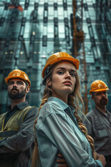 A focused female construction worker in a hard hat with her team behind her, representing diversity and empowerment in the industry.