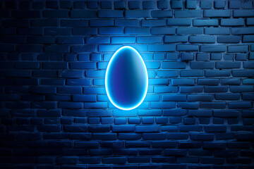 Glowing blue neon light on dark blue brick wall background with Easter egg shape sign