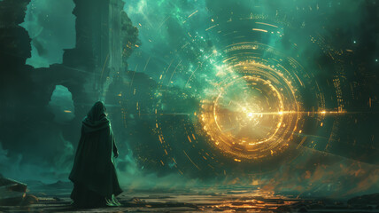 A hooded figure stands before a vibrant, glowing portal amidst ancient ruins, suggesting a threshold to another dimension TTRPG, RPG, Game. - obrazy, fototapety, plakaty