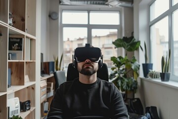 Man Sitting in Chair With Virtual Glasses
