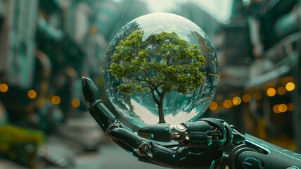 A robotic hand gently holds a green tree inside a glass dome amidst an urban backdrop, representing the balance between urbanization and nature conservation, save earth day. - Powered by Adobe