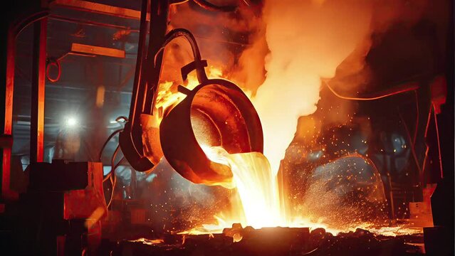 Liquid steel is poured from a metallurgical ladle,