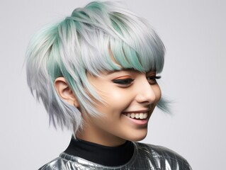 Fototapeta premium Smiling Woman With Green and White Hair