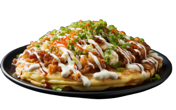 A black plate overflowing with a large, appetizing pile of food