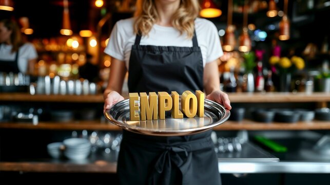 une serveuse de bar tient un plateau argent&eacute; devant elle avec le texte EMPLOI &eacute;crit en 3D
