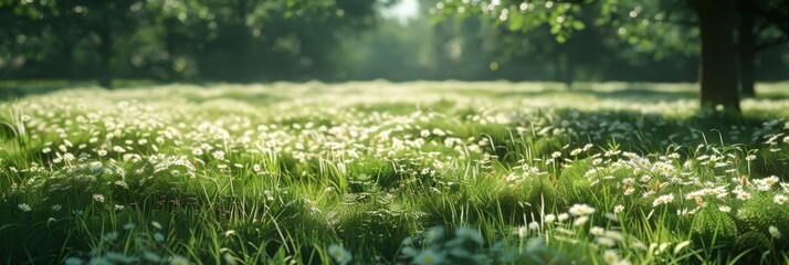 Green meadow texture, dotted with wildflowers and the soft shadows of passing clouds, capturing the peaceful beauty of forests and fields created with Generative AI Technology - obrazy, fototapety, plakaty