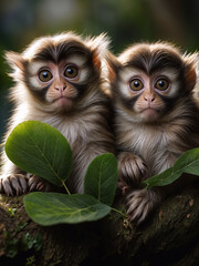 Fototapeta premium A Painting of a Treetop Trio: Three Mischievous Monkeys Huddle Together, Guardians of the Green Canopy.