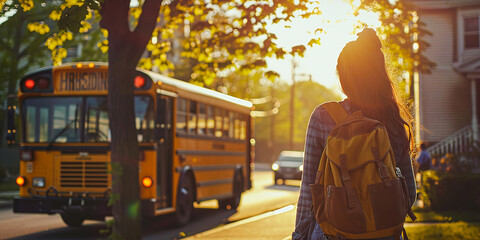 schoolgirl with a backpack behind her back waits for a yellow school bus in the morning - obrazy, fototapety, plakaty