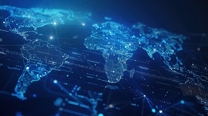 Global Data Network Representation and High-Tech Data Visualization on a Futuristic Digital World Map with Deep Blue Background