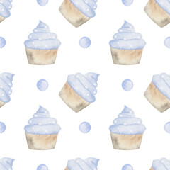 bubbles and cupcake birthday watercolor seamless pattern png