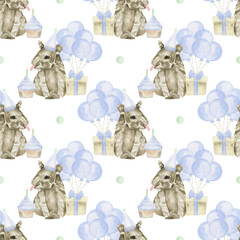 tapir birthday watercolor seamless pattern png