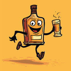 Cartoon whiskey bottle with glass.
