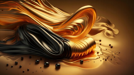a liquid golden and black fluid, draped in shiny golden oil, deep golden sand desert