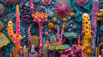 Bacteria world, a colorful, bustling cityscape analogy, micro-scale - obrazy, fototapety, plakaty