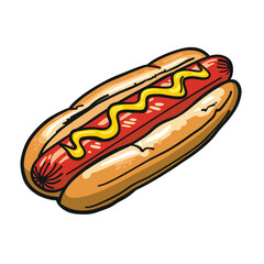 Colorful cartoon hotdog with condiments.
