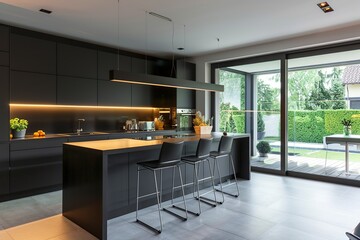Fototapeta premium Modern Kitchen With Bar and Dining Room Table