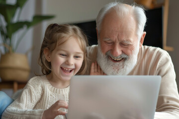 Elderly man with white beard and joyful little girl with laptop, light-hearted moment indoors, home comfort. Shared technology discovery between grandfather and granddaughter, family and learning