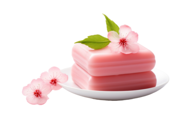 A pink soap bar delicately perched on a white plate