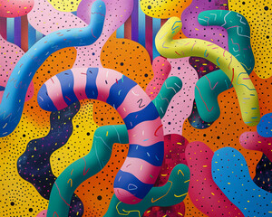 Surrealistic parasitic worms in an abstract environment, vibrant. - obrazy, fototapety, plakaty