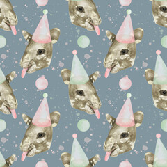 tapir birthday watercolor seamless pattern png - obrazy, fototapety, plakaty